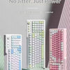 Nahaufnahme einer weißen Tri-Modus-Gaming-Tastatur mit rosa und grünen Akzenten und verschiedenen Farb-Keycaps.