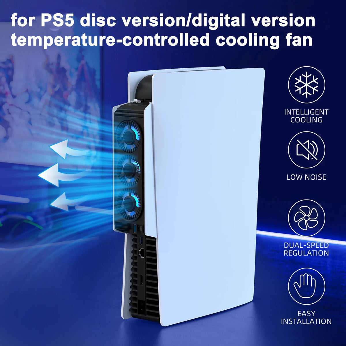 Ventilador de refrigeración blanco regulado por temperatura para consola PS5, con enfriamiento inteligente y doble velocidad.