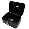 Black metal key lock cash box with an open lid and visible key slot