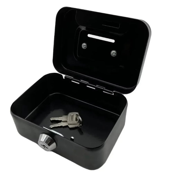 Black metal key lock cash box with an open lid and visible key slot