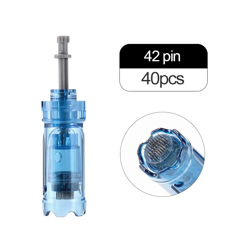 A clear plastic Dr. Pen microneedling cartridge with a metal needle and a black label indicating 42 pins and 40 pieces.