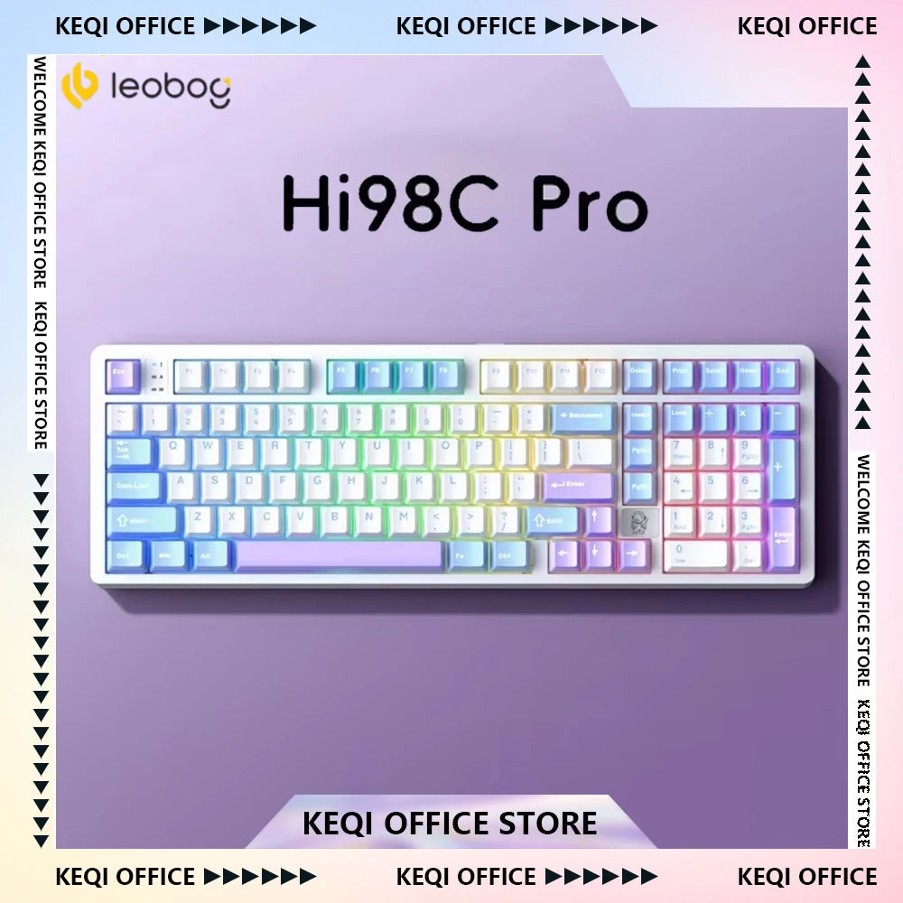 A close-up view of the Hi98C Pro mechanical Bluetooth wireless keyboard with purple and blue keycaps.