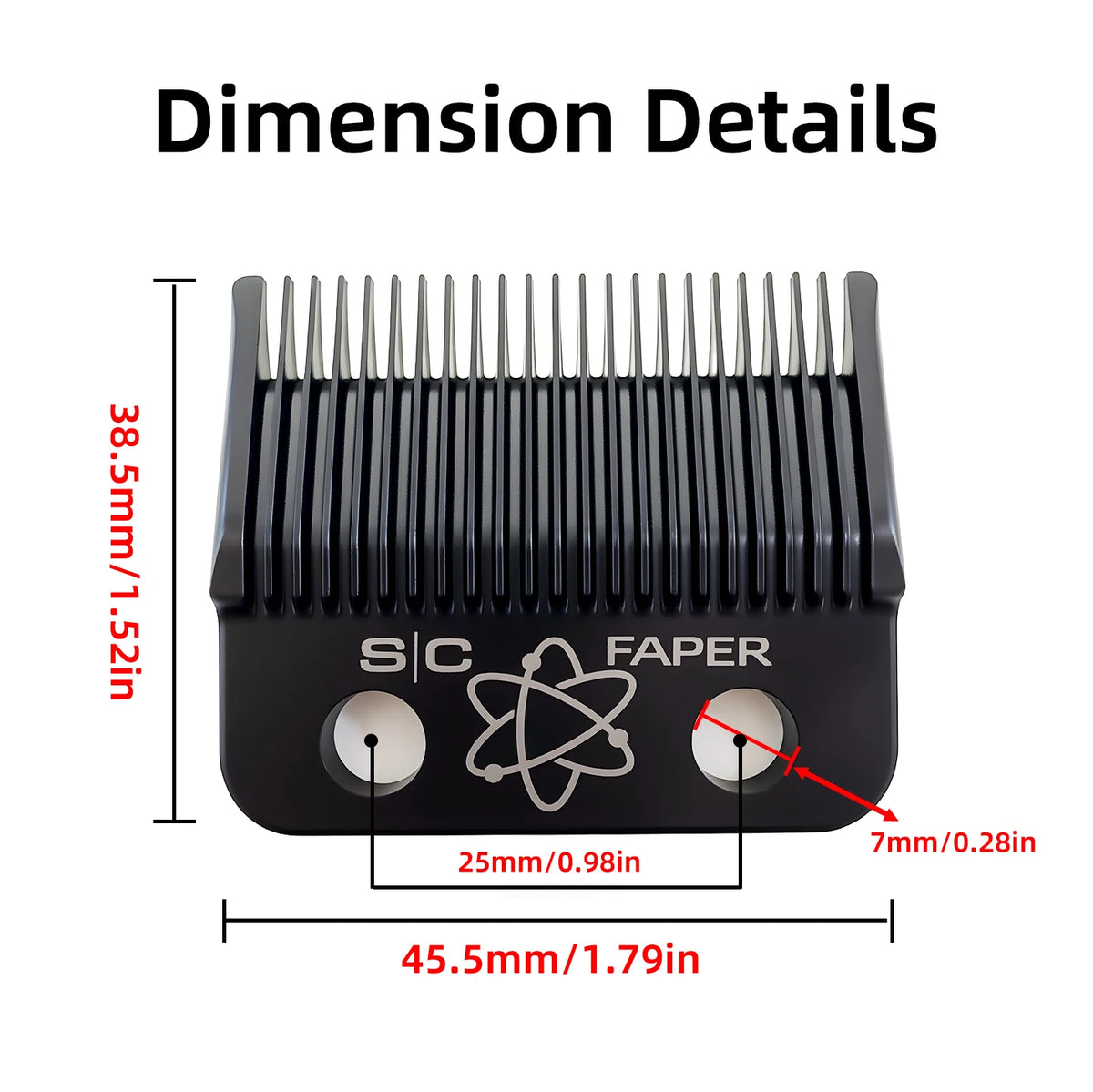 Dimension details of a black professional cordless hair clipper with precision fade blades.