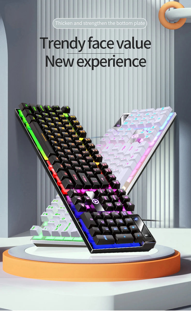 A close-up view of a black low profile wired gaming keyboard with a numeric keypad, displayed on a white surface.