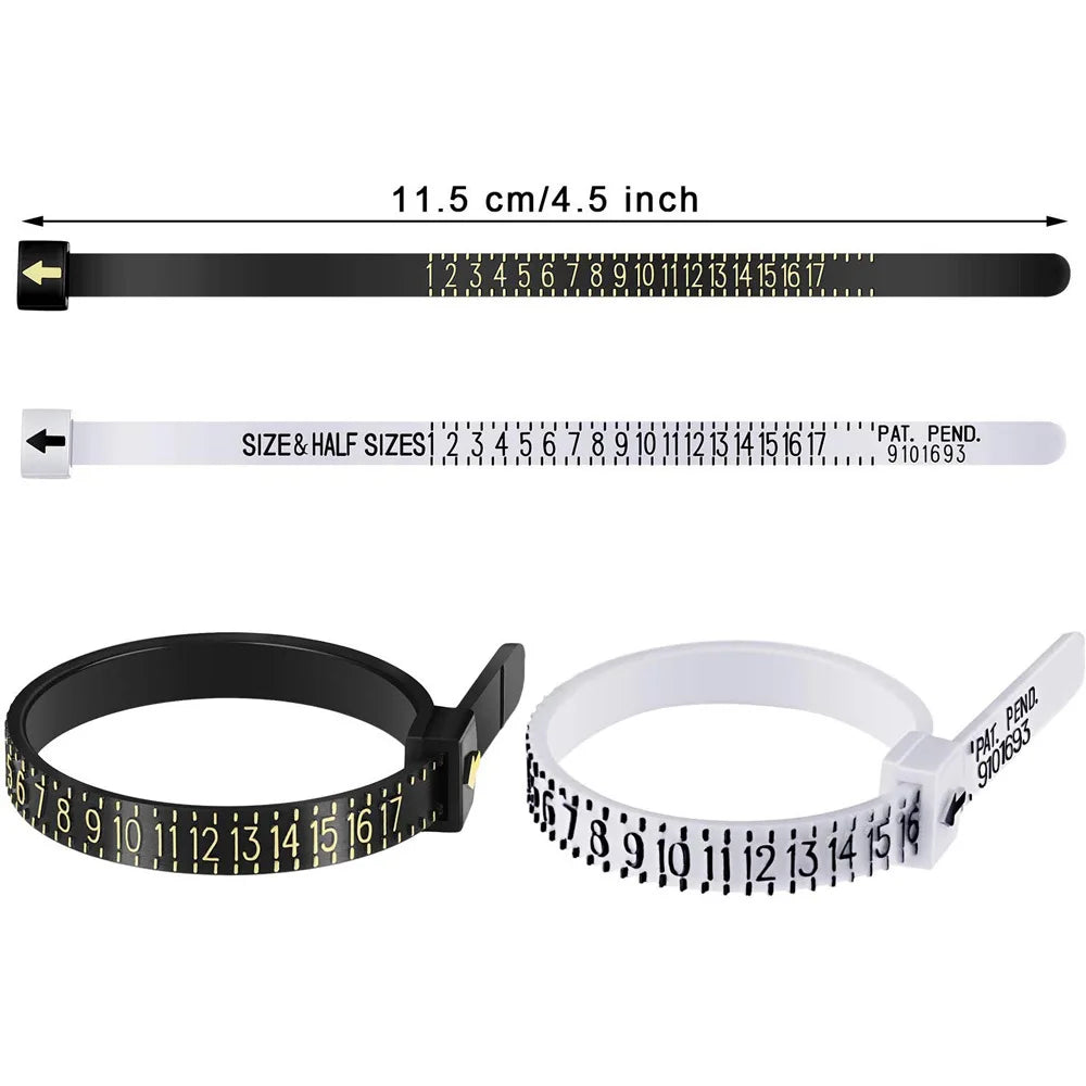 A reusable ring sizer measuring tool with a ruler and a white ring template.
