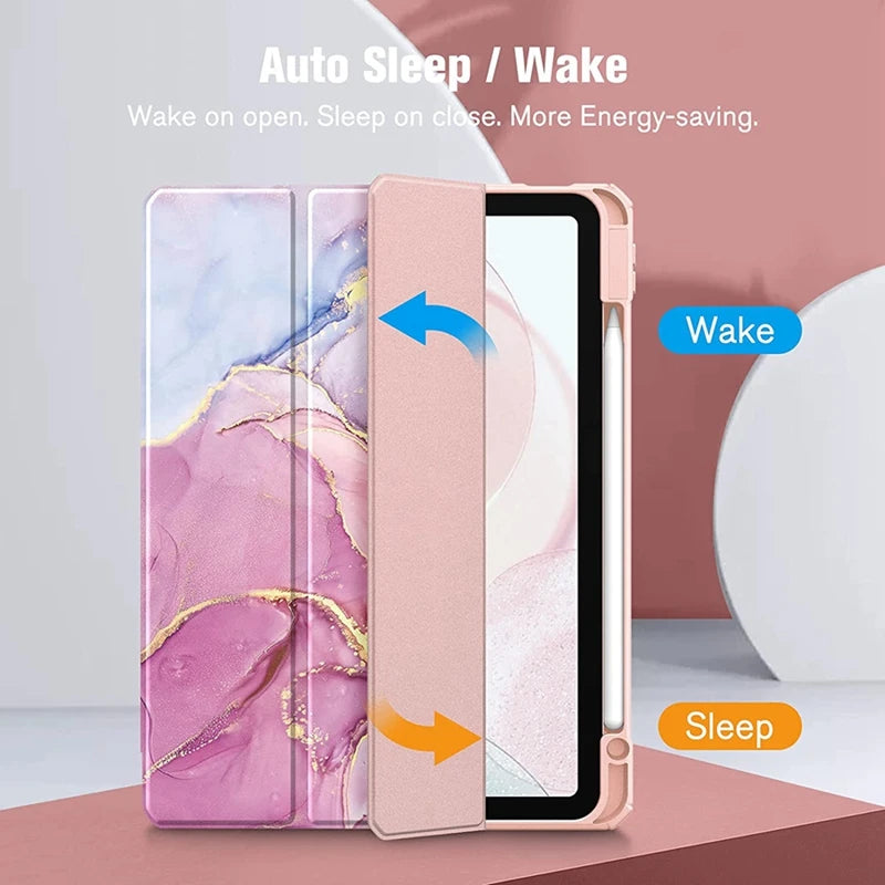 A pink and purple gradient protective case for an iPad demonstrating auto sleep and wake features.
