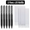 A set of five fine point ballpoint pens with twenty refills shown in a black and white arrangement.