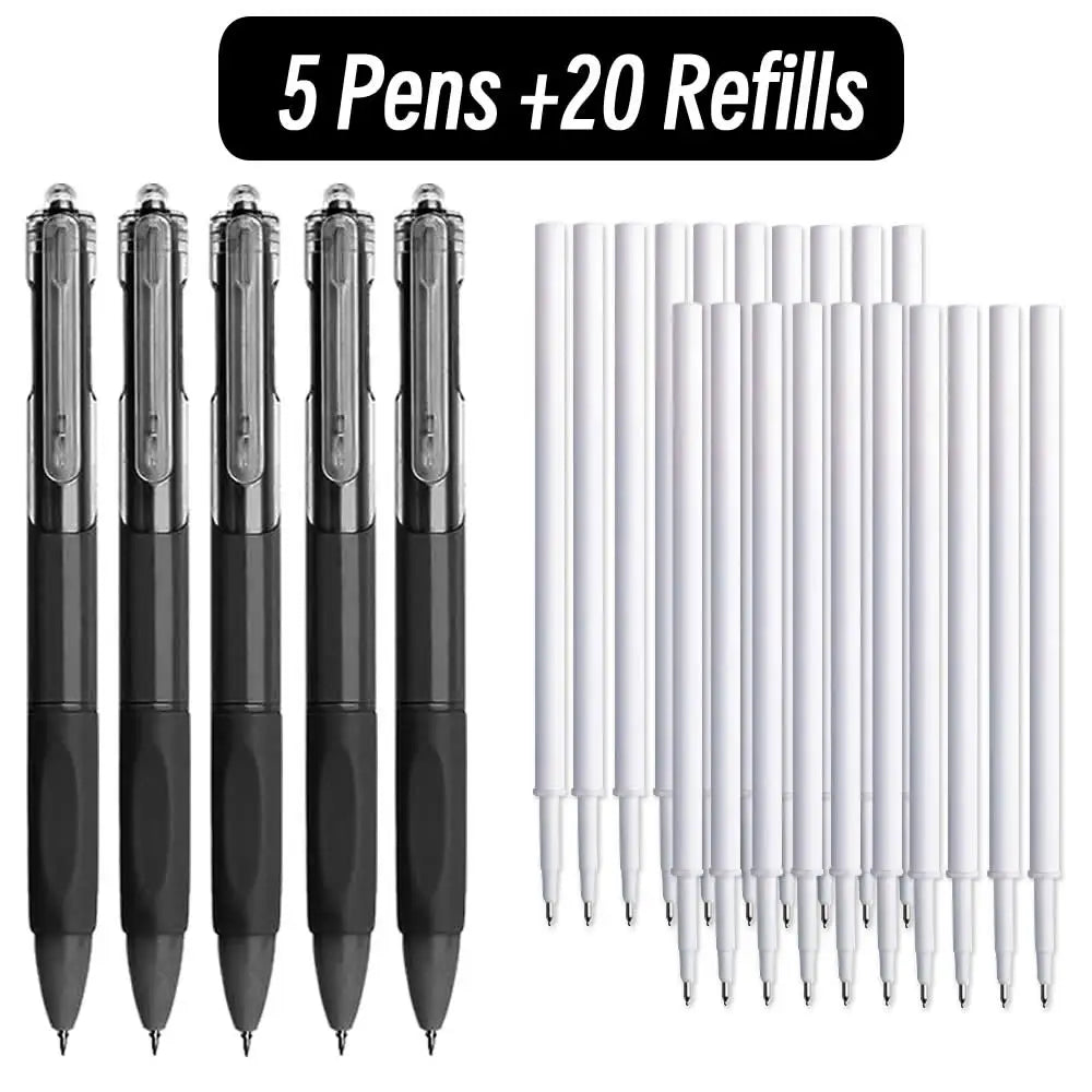 A set of five fine point ballpoint pens with twenty refills shown in a black and white arrangement.