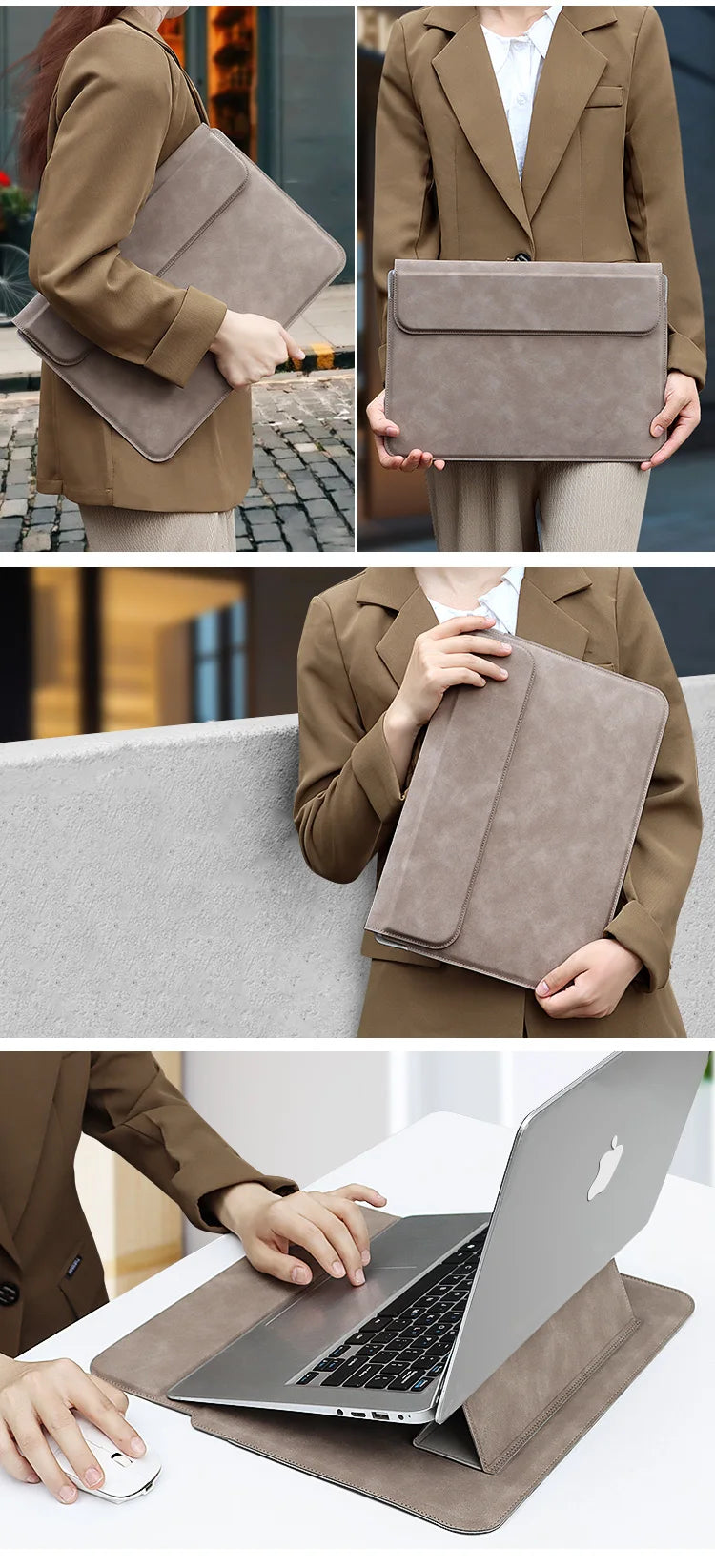 Brauner Premium-PU-Leder-Laptop-Sleeve wird zum Schutz eines MacBooks getragen und verwendet.