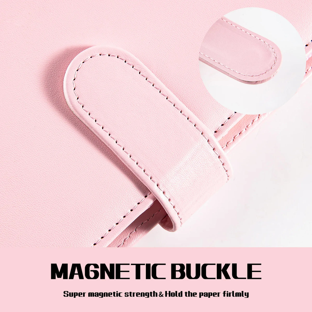 A pink A5 PU leather binder notebook with a magnetic buckle detail.