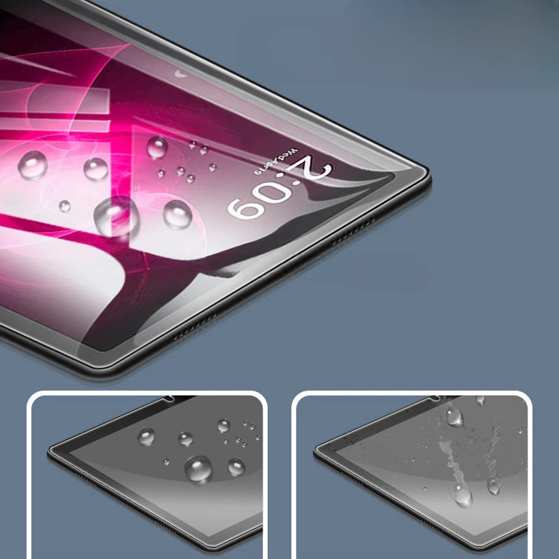 A close-up view of a tempered glass screen protector applied to a tablet, showing a vibrant pink glow and condensation effect