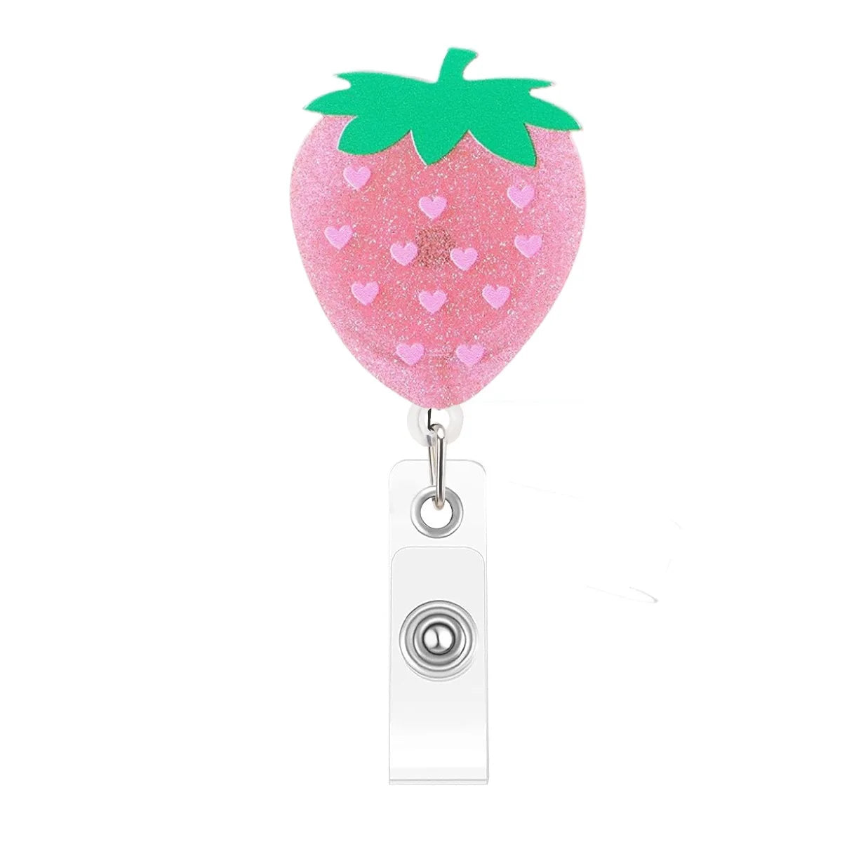 A pink glitter strawberry charm attached to a clear badge reel.