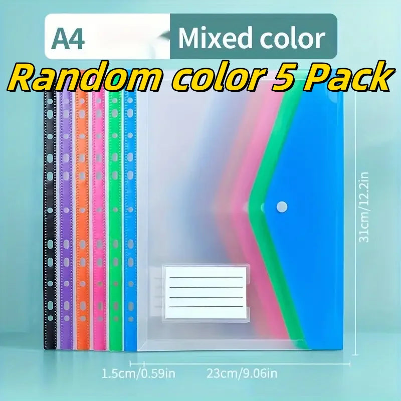 A pack of five mixed color A4 file folders with a secure push-button ring binder.