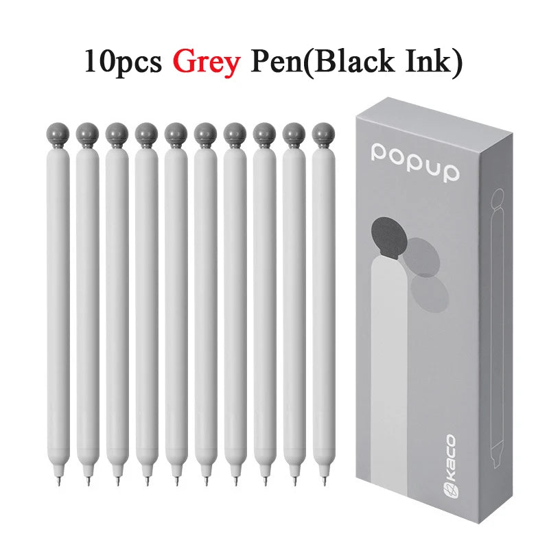Ten grey pens with black ink inside a cardboard box