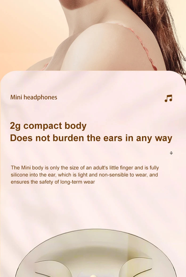 Close-up of a woman's ear showing an invisible 2g compact body mini headphones designed for long-term wear.