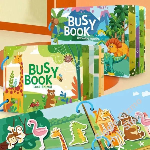 Buntes Set wiederverwendbarer Sticker-Aktivitätsbücher mit Tieren wie Giraffe, Bär und Papagei.