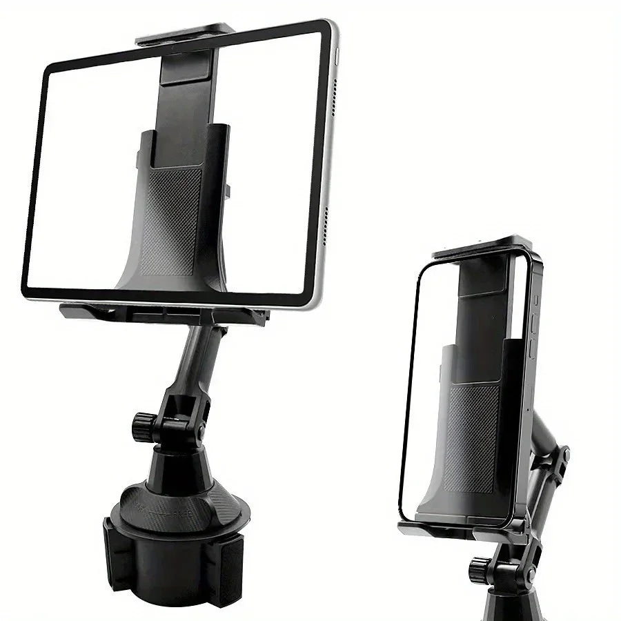 A black universal car mount with a long rotating arm designed to hold phones and tablets.
