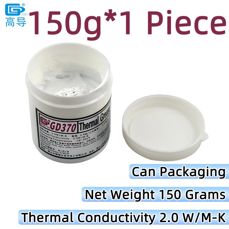 A white jar of GD370 Thermal Grease paste with a separate white lid and packaging information.