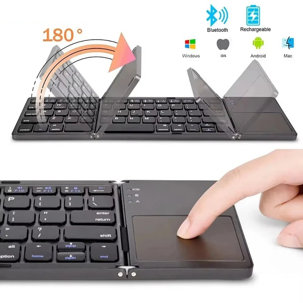 A folding Bluetooth keyboard with a touchpad is shown open and closed, highlighting its multi-device use features.