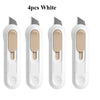 Four white Deli mini pocket knives shown side by side.