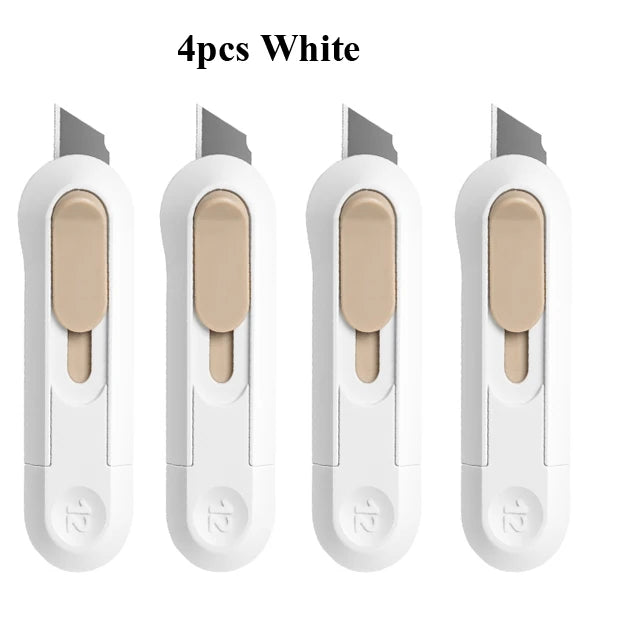 Four white Deli mini pocket knives shown side by side.