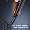 A black braided USB-C to Type-C charging cable featuring a 90 degree elbow design and a light emitting tip.