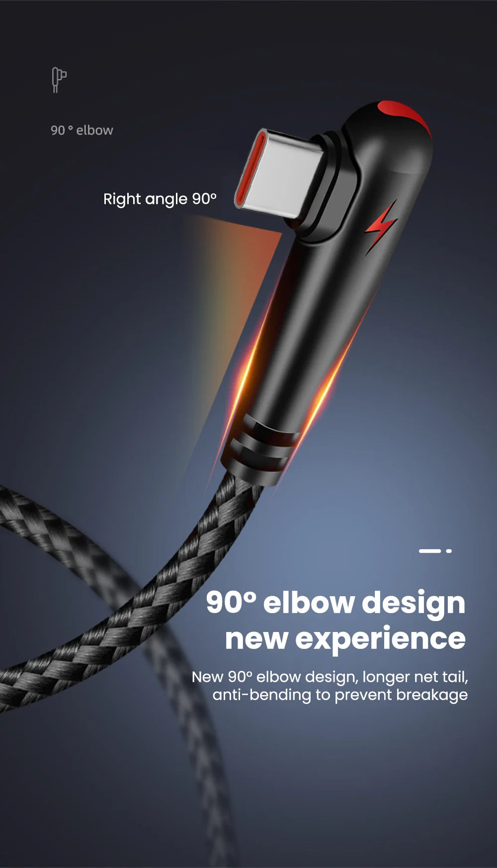 A black braided USB-C to Type-C charging cable featuring a 90 degree elbow design and a light emitting tip.