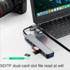 A silver USB-C multiport hub with a SD/TF dual-card slot is shown next to a laptop, demonstrating file read at will.