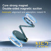 A close-up of a foldable magnetic phone/tablet stand demonstrating double-sided magnetic suction for instant fit.