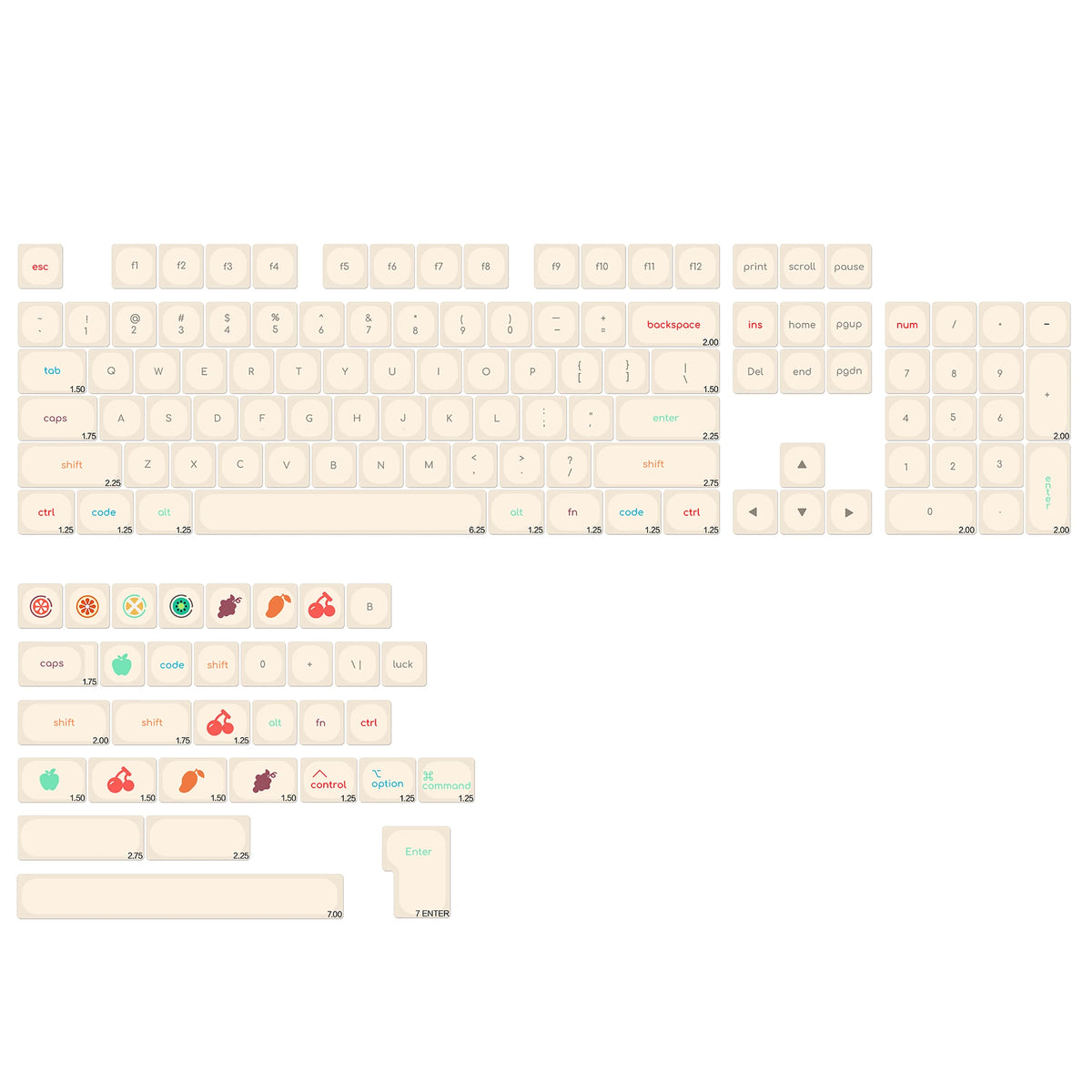A layout of a Magic Bunny PBT keycap set featuring various keys and modifiers on a light beige keyboard.