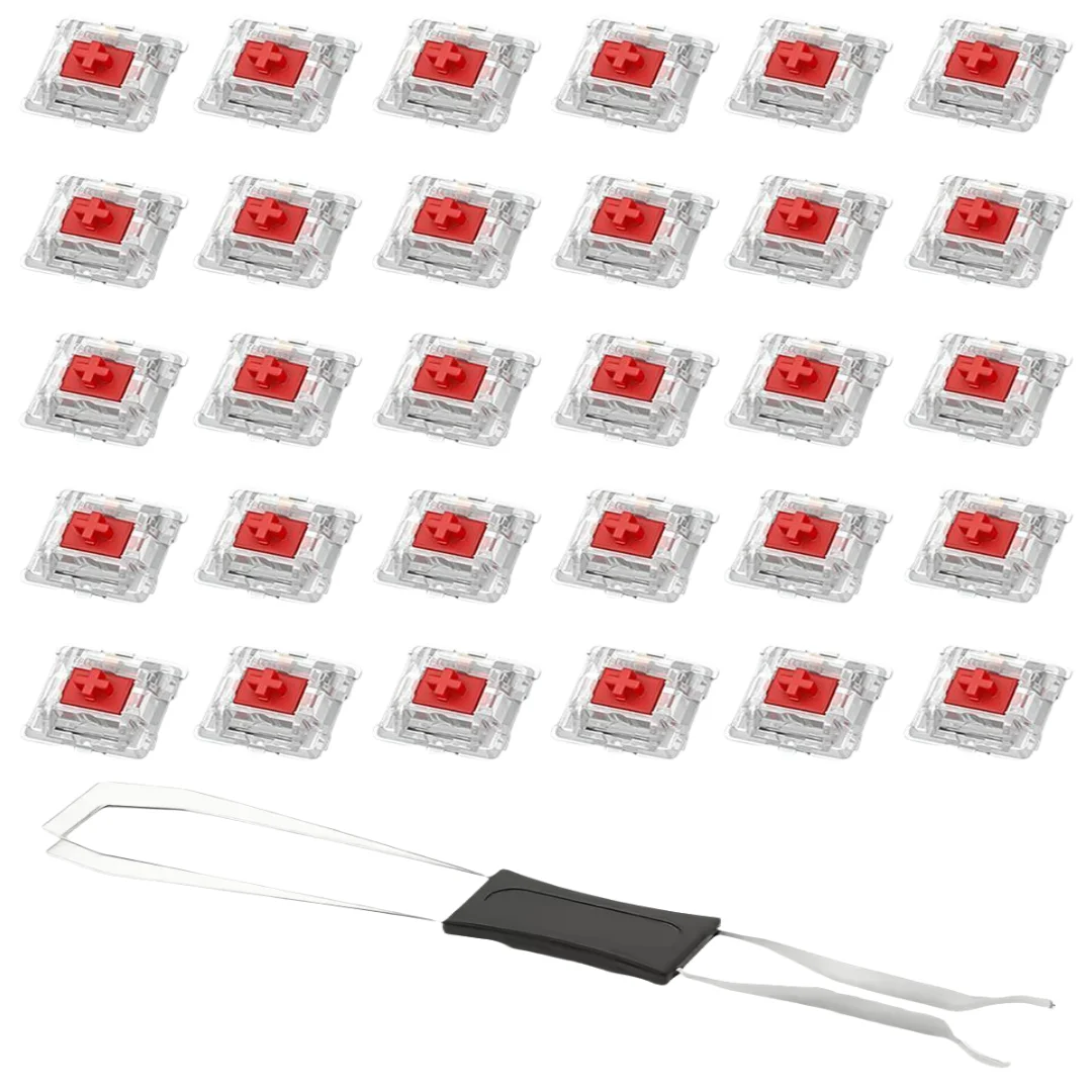 A set of adjustable mechanical keyboard switches and a keycap puller tool.