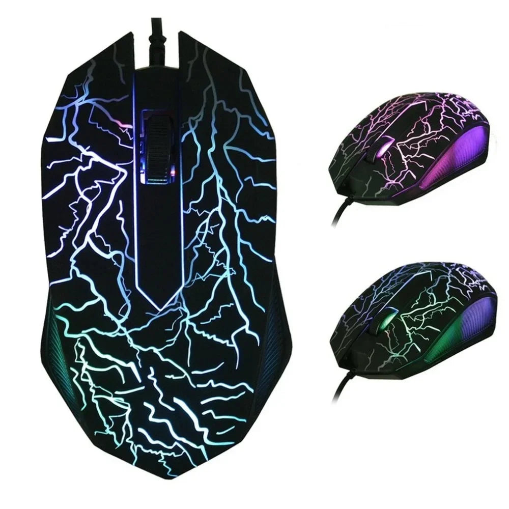 A black computer mouse with neon blue lightning bolt patterns on the body and purple accents.