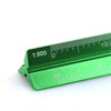 A green aluminum triangular scale ruler with markings showing 1:500 magnification.