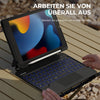 A person is using a black magnetic keyboard case for an iPad, which functions as a wireless floating stand.