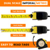 Dual scale imperial and metric measuring tape with feet marking, inch ruler, and metric ruler for easy tag reading