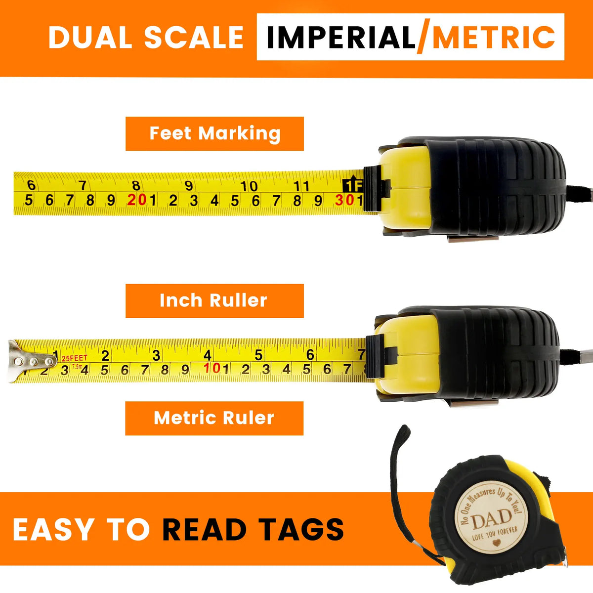 Dual scale imperial and metric measuring tape with feet marking, inch ruler, and metric ruler for easy tag reading