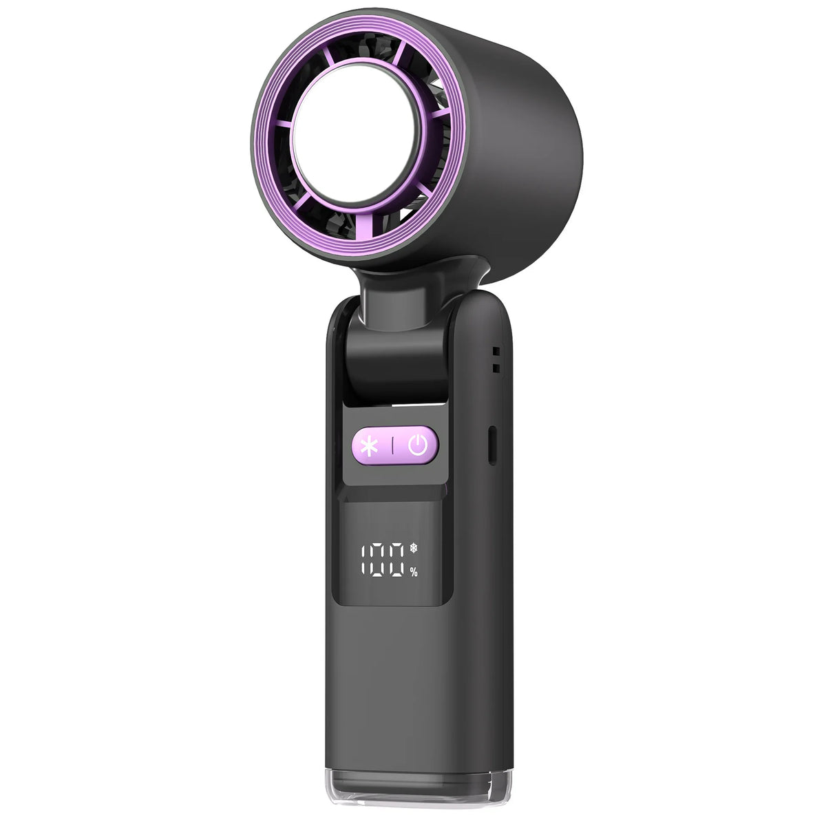 A black mini USB powered cold fan with a purple light ring and a digital display.