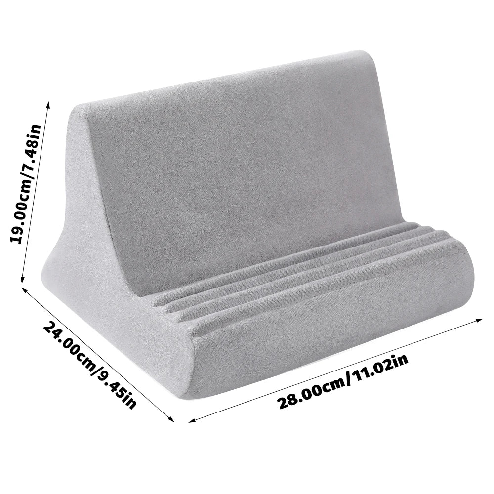 A gray multi-angle adjustable tablet and phone holder with dimensions 19.00cm x 24.00cm x 28.00cm.