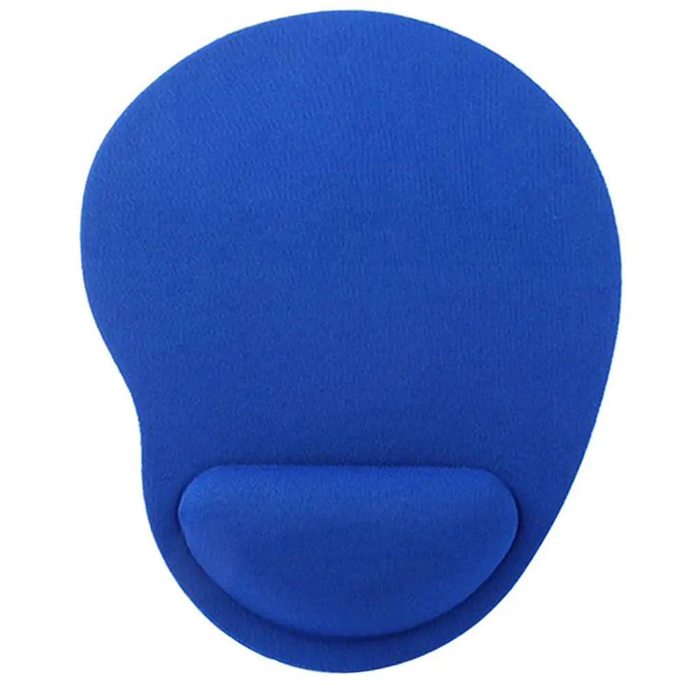 A blue ergonomic mouse pad designed for comfortable wrist support.