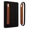 A black leather protective case with a brown stylus pen inside and an attached black strap.