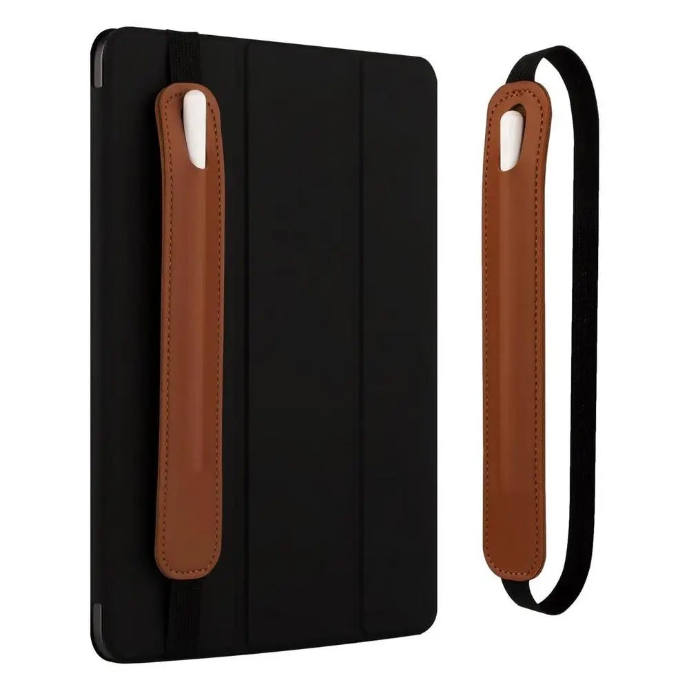 A black leather protective case with a brown stylus pen inside and an attached black strap.