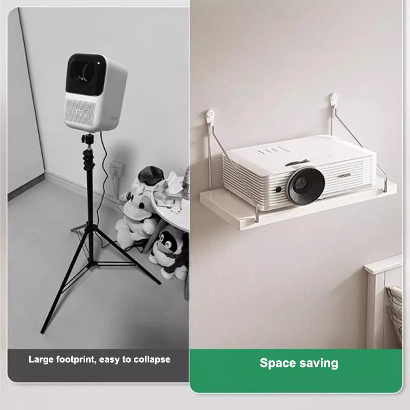 A wall-mounted projector stand with a large footprint and collapsible design shown next to a flat, white projector.