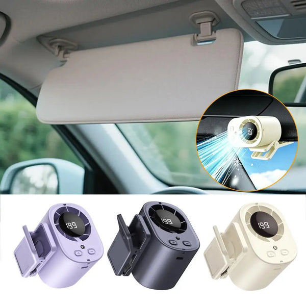 Three versions of a USB clip-on cooling fan with LED display shown in different colors and angles.