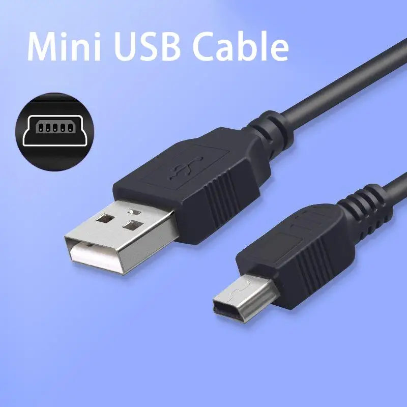 A black Mini USB cable with a connector for cameras and other devices is shown against a light purple background.