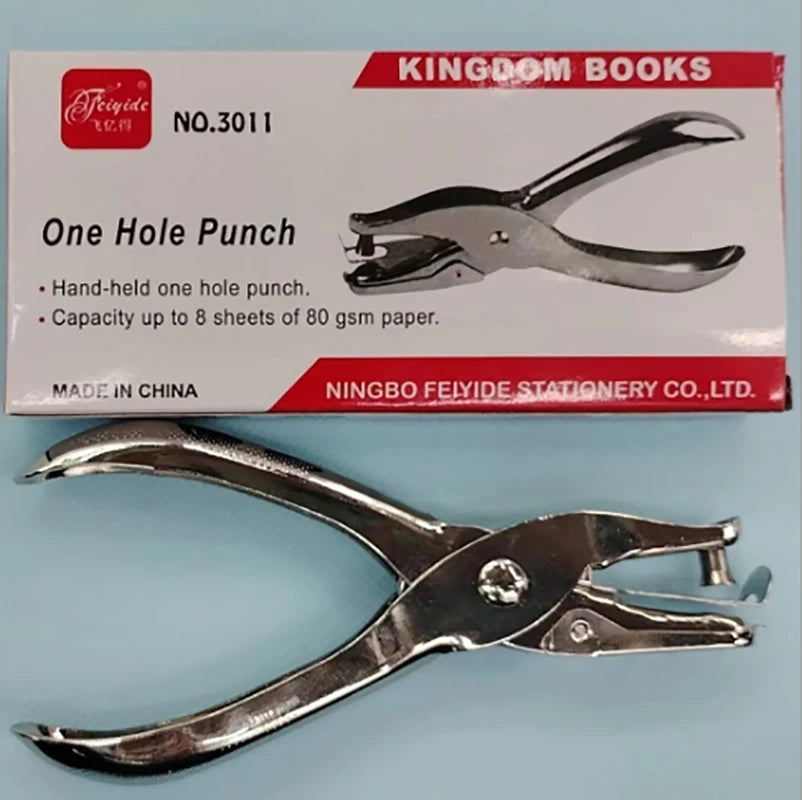 A silver handheld one hole punch, model No.3011, is shown next to its packaging.