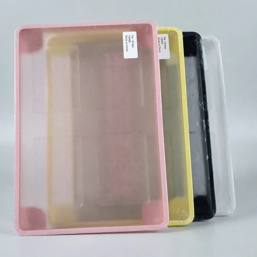 A set of pink and yellow durable hard shell laptop cases for MacBook Neo 13.