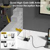 A Quad High-Gain 5dBi Antenna setup shown next to a laptop, illustrating an adapter for increasing reception range.