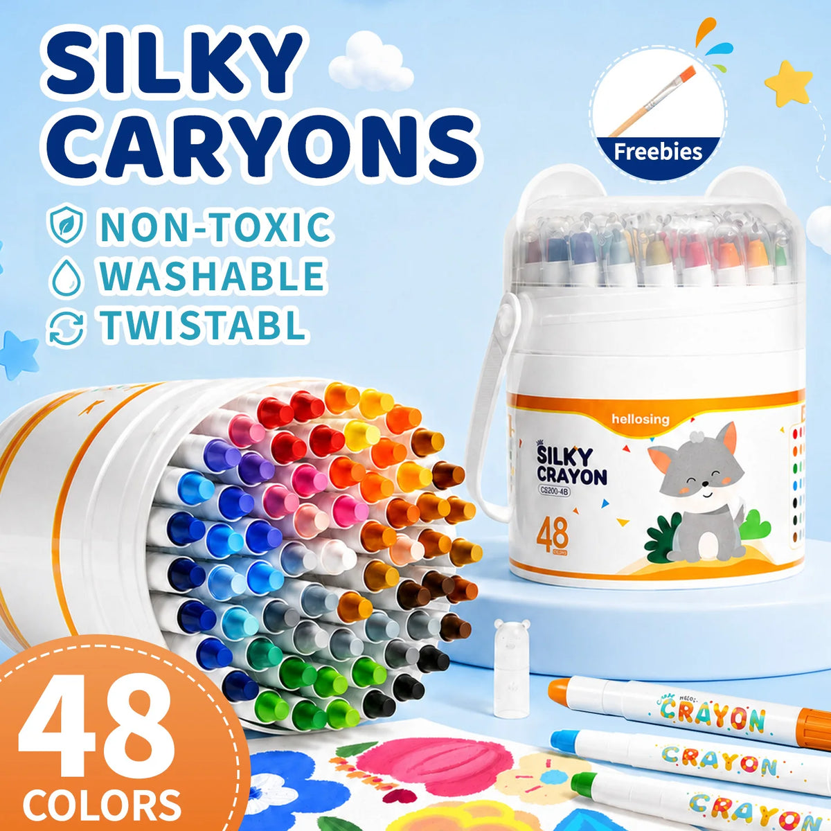 A set of 48 silky, non-toxic, washable twistable crayons in various colors stored in a white container.