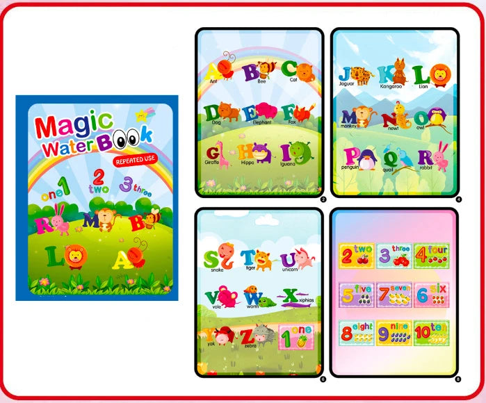 A set of magic water drawing and coloring notebooks featuring letters, numbers, and animals for children.