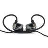 A pair of black wired in-ear headphones with clear silicone tips and a black cable.